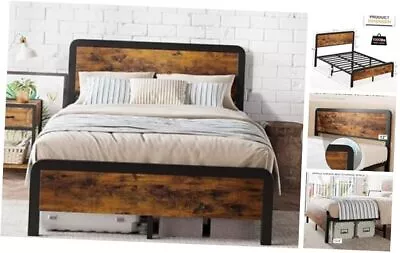  Platform Bed Frame With Wooden Vintage Headboard And Tailboard Queen Brown • $200.24