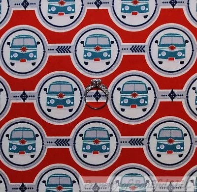 $6 • Buy BonEful Fabric FQ Cotton Quilt Orange Teal Car Stripe Old World VW Bus RV Arrow