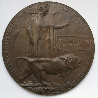 £185 • Buy WW1 Death Penny Plaque Medal   EDWARD GEORGE CABLE NORRIS Fully Researched
