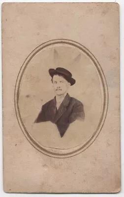 ANTIQUE CDV C. 1860s HANDSOME YOUNG MAN WEARING HAT WITH DEVIL HORNS ALBUM PRINT • $24.99