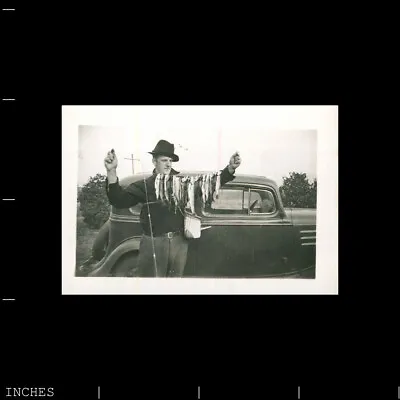 $14.99 • Buy Old Vintage Photo CLASSIC CAR MAN SHOWING OFF FISH CAUGHT FISHING