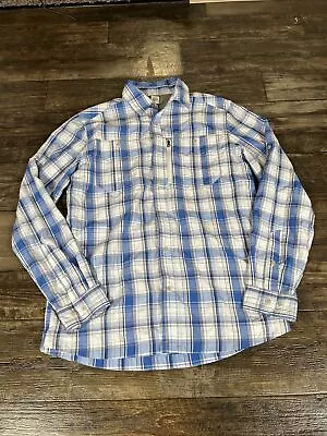 LL Bean Fishing Shirt Mens Medium Tall Plaid Vented Fishing Pocket Button Blue • $14.99