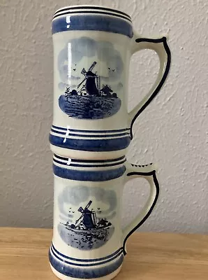 DELFT Hand Painted Holland Blue & White Windmills Vntg Beer Steins Mugs Set Of 2 • $20