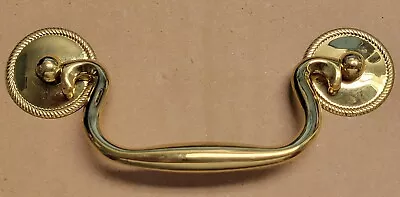 Polished Brass Finish Queen Anne Style Bail Drawer Pull 3-1/2  With Rosettes 3.5 • $7.99