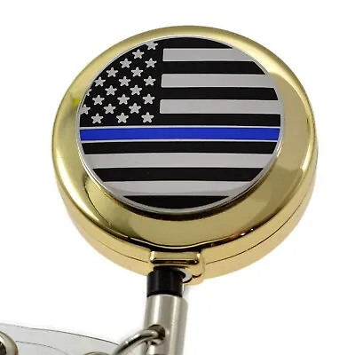$12.36 • Buy Thin Blue Line Police Badge Reel ID Security Pass Holder Subdued Flag Gold