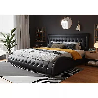 Black Faux Leather Upholstered Bed Frame Full Queen King Headboard Adjustable • $605.90