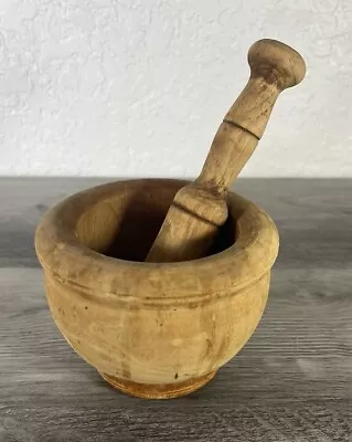 Vintage Wooden Bowl Mortar & Pestle Set Spice & Herb Grinder Pill Crusher • $23