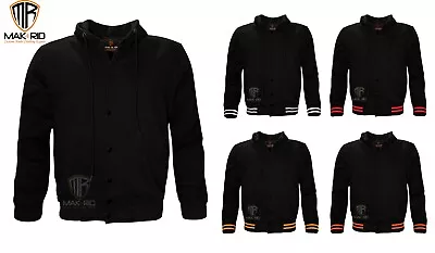 Men Hoodie 100% Cotton Fleece Button Down Hooded Sweater Varsity Jacket Black • $55.99
