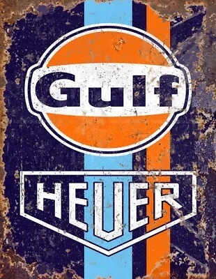 Vintage Retro Garage Gulf Heuer Oil Fuel Workshop Tool Shed Man Cave Metal SIGN • £3.99