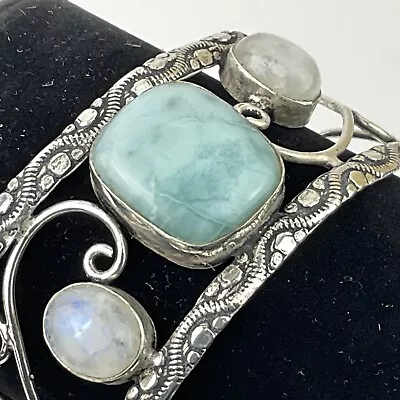 Artisan Sterling Sliver Larimar & Moonstone Cuff Bracelet Open Metalwork Etched • $49.99