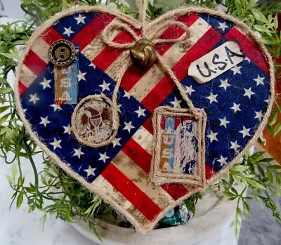 USA Flag Heart Patriotic Wall Heart Hanging Decor Vintage Buttons Prim Patriotic • $12.99