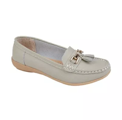 Jo & Joe Nautical Greige Women's Slip On Leather Loafers Moccasin Shoes Size 4 • £17.99