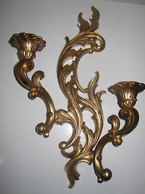 VINTAGE GOLD PLASTIC Wall Sconce Candle Holders Approx 38 Cm High 24 Cm Widest • £16.99