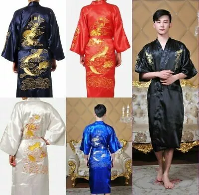 Mens Womens Retro Chinese Silk Satin Kimono Robe Gown Bathrobe Dragon Gown Dress • £18