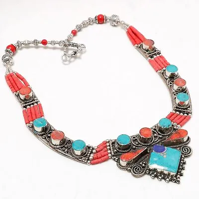 Turquoise Coral Lapis Lazuli Handmade Bohemian Jewelry Nepali Necklace 18  N4 • $20.99