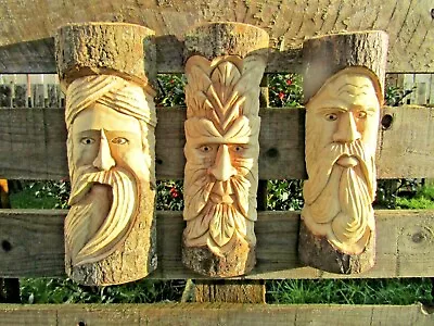 £16.99 • Buy Hand Carved Wooden Green Man Half Tree Trunk Stump Log Statue Wall Plaque 30cm