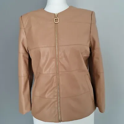 £15.99 • Buy New Ladies Tan Faux Leather Gold Zip Biker 3/4 Sleeves Jacket Sizes UK 12 