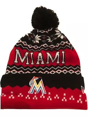 New Era Miami Marlins Stocking Hat Cap Beanie With Pom EUC • $10