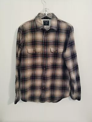 Abercrombie & Fitch Button-Down Shirts Men M Heavy Flannel Plaid Tan Blue • $19.95