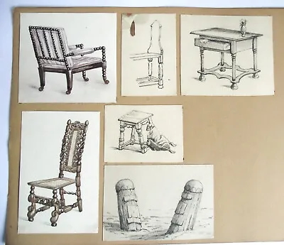 Antique Orig JACOBEAN Chair Furniture Charcoal Study Drawing English PARRIS 1868 • $19