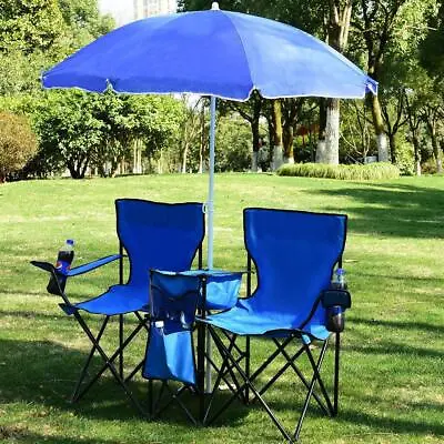 Used Foldable Picnic Beach Camping Double Chair+Umbrella Table Cooler Fishing • $34.99