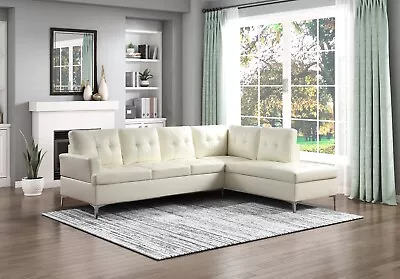 Off White Faux Leather Tufted Sofa Sectional Chaise Living Room Furniture • $1299
