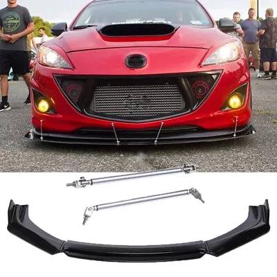 Front Bumper Lip Spoiler Gloss Black + Strut Rods For Mazda 3 Sedan / Hatchback • $89.08