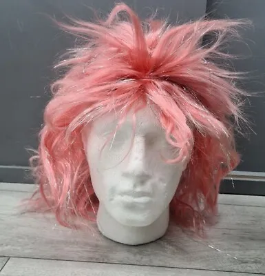 Pastel Pink & Silver Strands Spiky Punk Rocker Wig 80s 90s Fancy Dress Party • £7.99