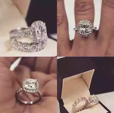 3.88CT Cushion Cut Moissanite Halo Wedding Bridal Ring Set 14K White Gold Over • $177.80