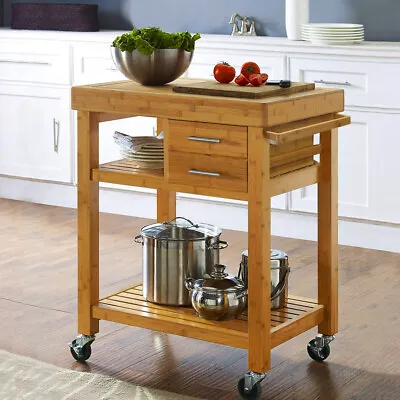 Rolling Bamboo Kitchen Island Cart Food Prep Trolley With Towel Rack Drawers • $169.99