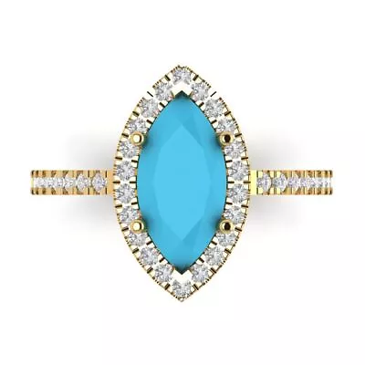 2.38 Marquise Halo Turquoise Stone Promise Bridal Wedding Ring 14k Yellow Gold • £273.06