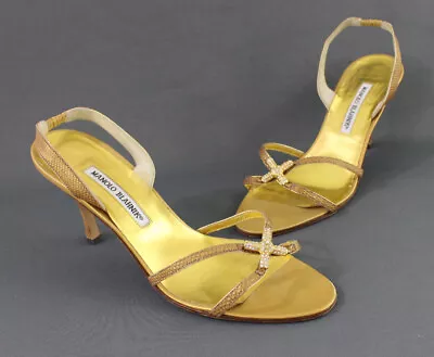 Manolo Blahnik Gold Leather Crystal Embellished Strappy Sandal Heels 39.5 US 9.5 • $99