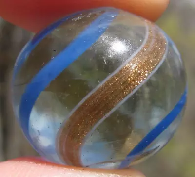 Gorgeous Antique Handmade German Banded Gold Lutz Clear Marble .78 Size Blue • $49.99