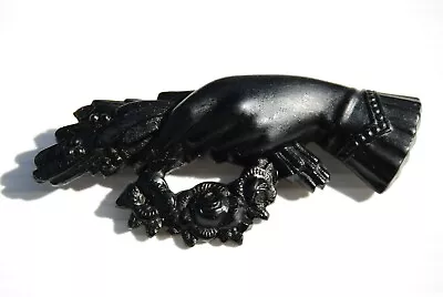 Antique Victorian Whitby Jet Vulcanite Mourning Goth Hand Rose Flower Brooch Pin • $249