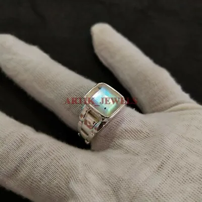 Natural Rainbow Moonstone With 14K White Gold Plated Silver Ring For Men's #2853 • $83.22