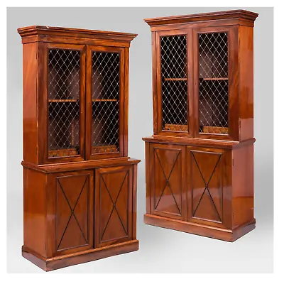 Regency Mahogany Library Bookcases With Brass Grill Doors—A Pair  • $26750