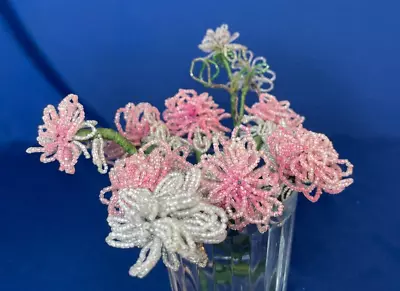 Vintage French Glass Beaded Flowers 11 Pieces Opaline Pink & White Flowers • $64.99