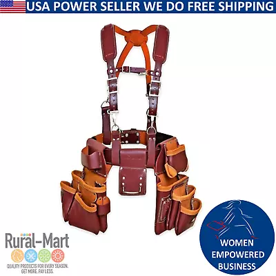 Leather Suspenders Tool Belt Pouch Holder 19 Pocket Comfort Back For Electrician • $142.49