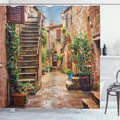 Mediterranean Street With Stone Houses Rural Culture Print Shower Curtain Set • $31.99