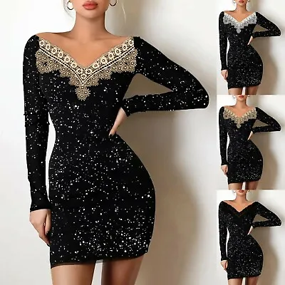 $18.07 • Buy Womens Glitter Lace Deep V Neck Long Sleeve Party Bodycon Cocktain Mini Dress