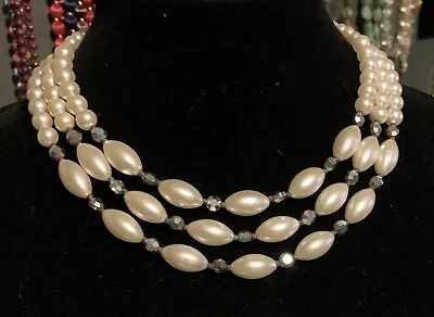 Vintage Beautiful 3 Strand Faux Pearl Necklace With Accent Beads & Hook Closure • $6