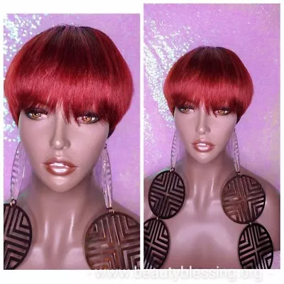 Red Hair Pixie Cut Bowl Mushroom Hair Cut Remy 100% Human Hair Wig Red Black Mix • $24.69