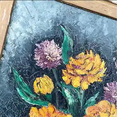 $175 • Buy Vintage Flower Painting Marigolds Floral Canvas Board Signed Brass Nameplate