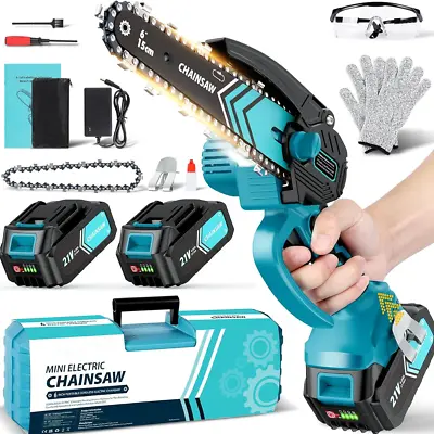 2 Batteries 8'' Mini Cordless Chainsaw Electric One-Hand Saw Wood Cutter • £24.96