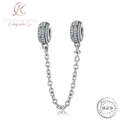 Crystal Safety Chain For Charm Bracelet Genuine 925 Sterling Silver & Pave CZ • £18.99