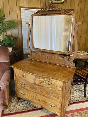Antique Ladies Oak Dresser & Mirror Curved Carved Ornate ￼￼￼Bureau Chest Drawers • $275