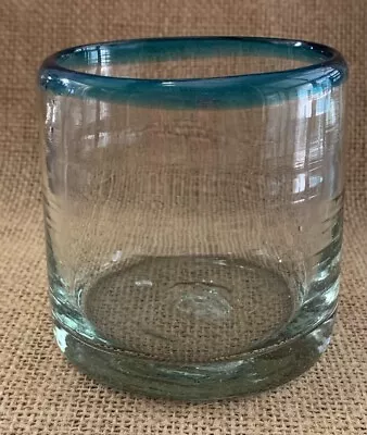 Vintage Mexican Hand Blown Lowball Rock Glass Tumbler With Cobalt Blue Rim • $8