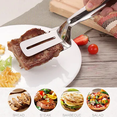 $9.99 • Buy Stainless Steel Tongs Clip Kitchen Bread Steak Clamp Food BBQ Pizza Spatula New