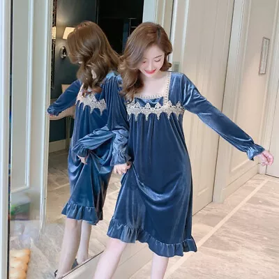 Ladies Lace Trim Velvet Pajama Dress Long Sleeve Nightgown Nightdress Sleepwear • $35.16