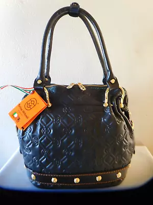 New Marino Orlandi Blk Embossed Leather Tote Handbag W/ Buckle & Studs Details • $349.99